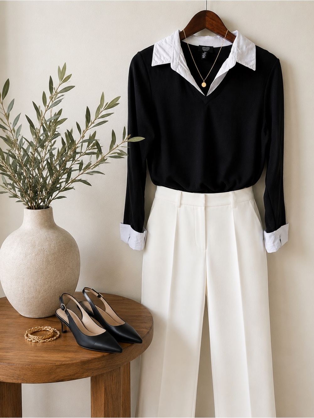 Jones New York Signature Layered Collared Top | Black White | Medium